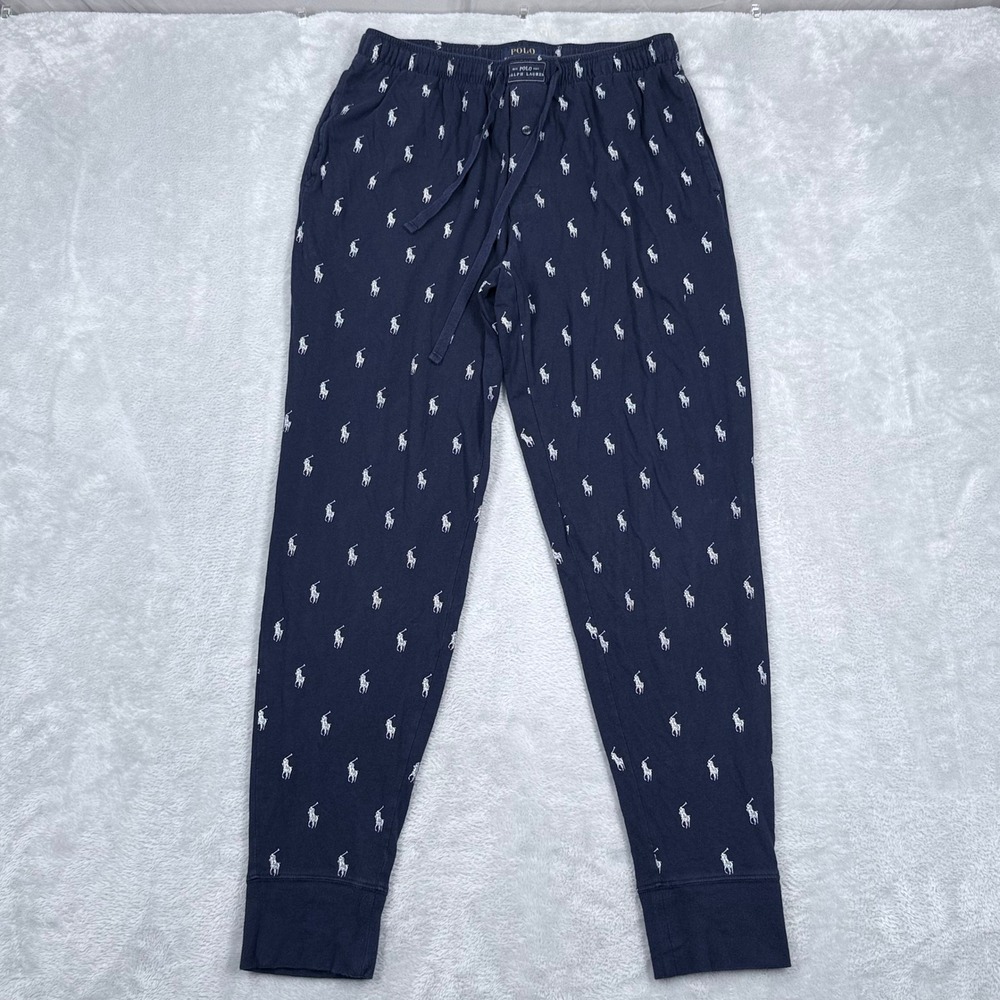 Polo Ralph Lauren Pajama Pants Men Medium Blue AOP Pony Logo Knit Sleepwear Cuff